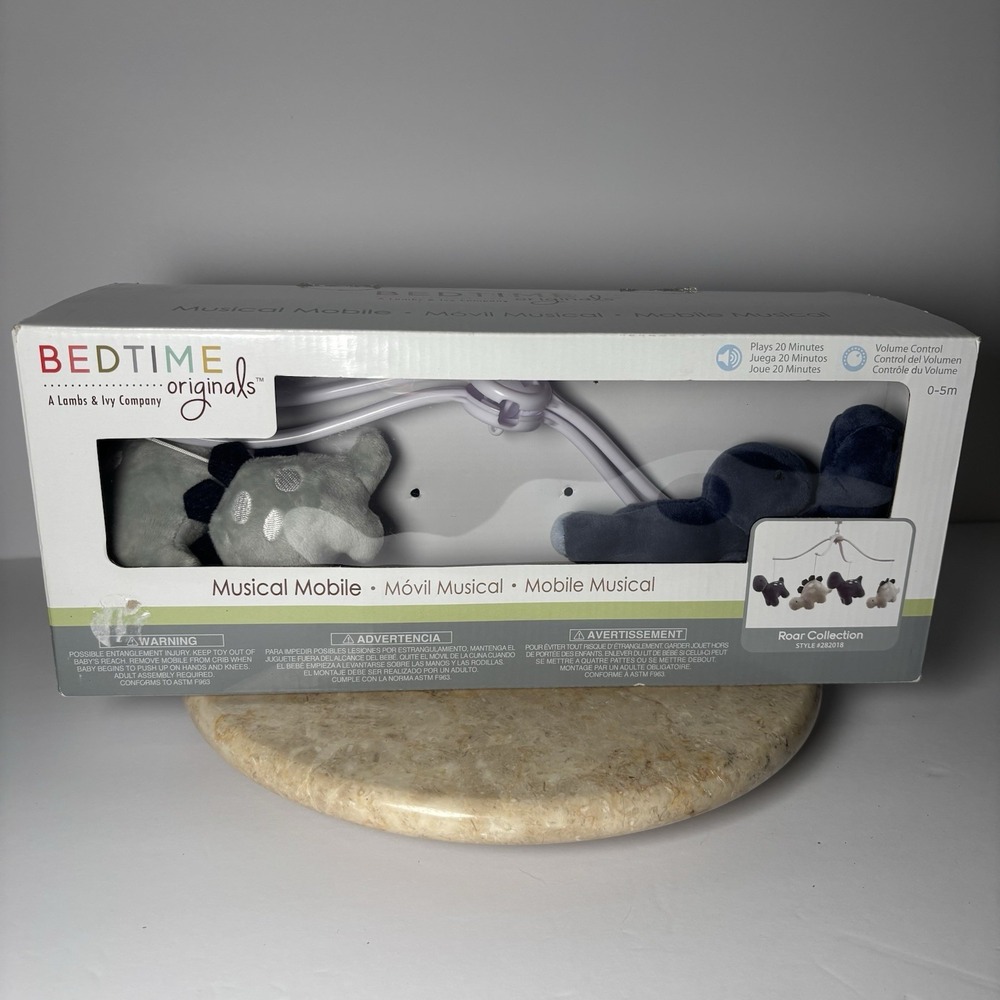 Bedtime Originals Roar Blue/Gray Dinosaur Musical Baby Crib Mobile Open Box